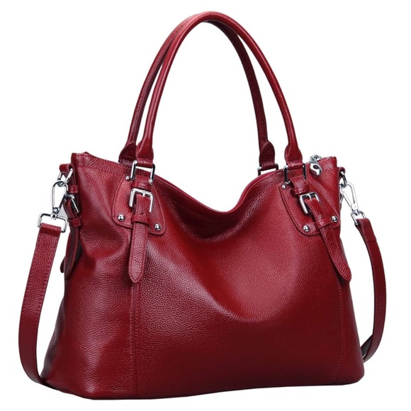Heshe Handbags - Heshe Genuine Red Leather Handbag with Satin Liner